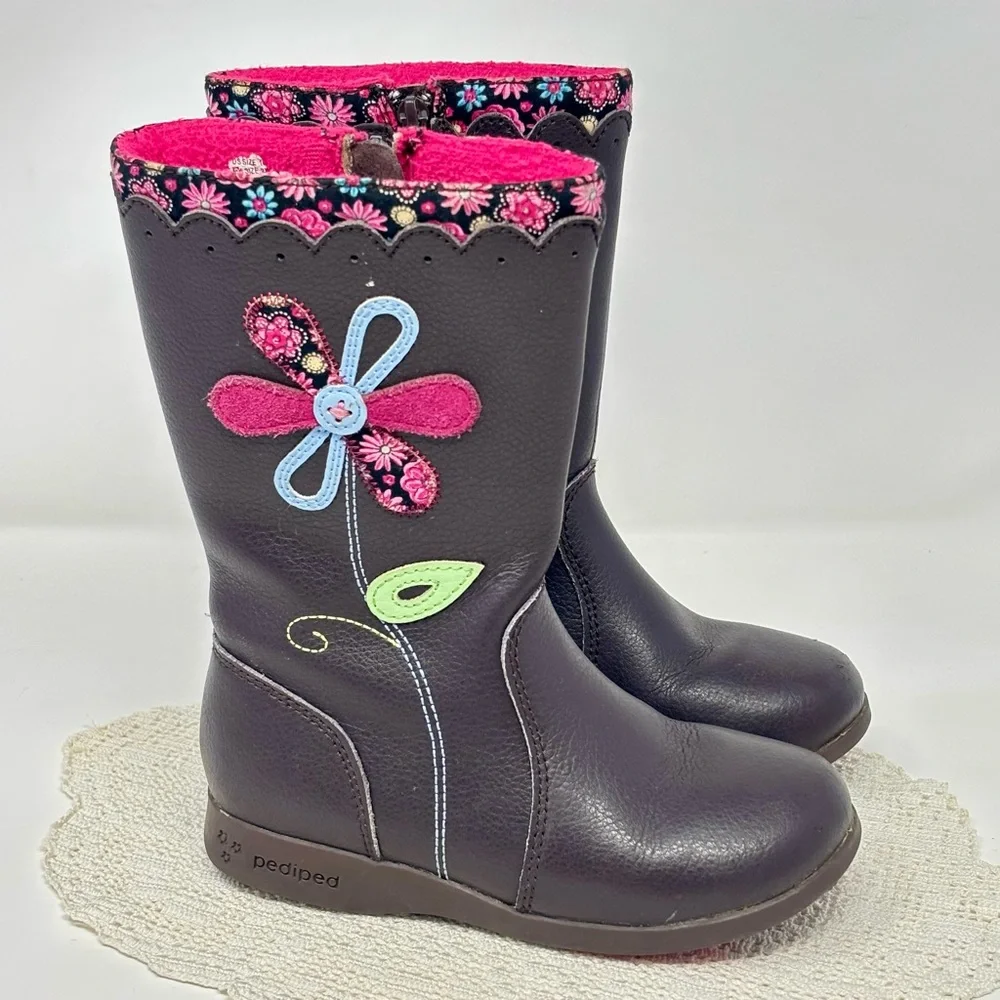 Pediped Kenadi Boot Brown Leather Floral Appliqué Rubber Soles Toddler Girl 10